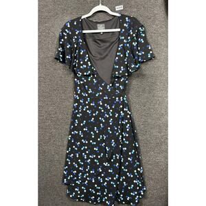 Adrianna Papell Wrap Dress Womens Size 14 Black Blue Polka Dot Ruffle Date Night